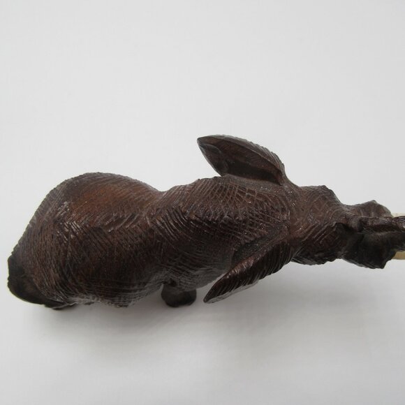 Vintage raised trunk resin elephant with tusks - brown textured faux wood - 3" - Picture 10 of 11